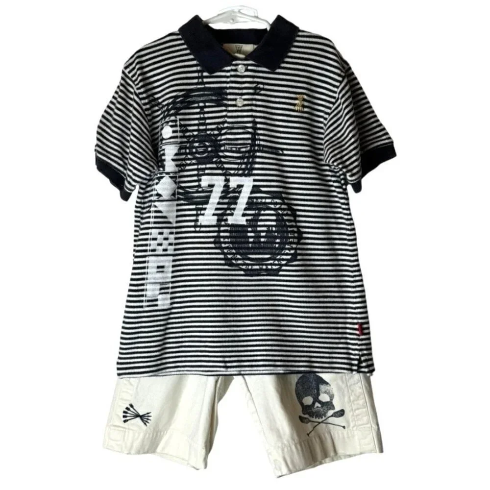 Wes And Willy Ivory And Blue Striped Nautical Pirate Polo Shirt Short Set Size 6